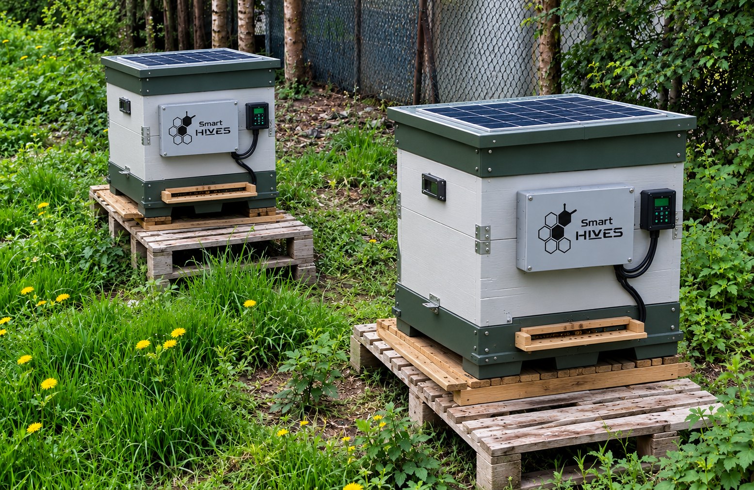 Two Smart Hives solar-powered hives on pallets in a green apiary