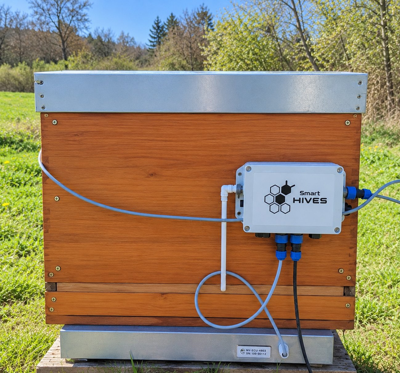 Smart Hives control unit mounted on a hive in a spring meadow