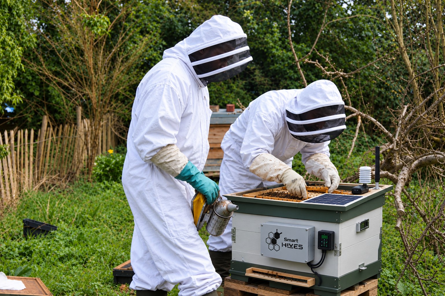 Two beekeepers in white suits inspecting a Smart Hives solar-powered hive